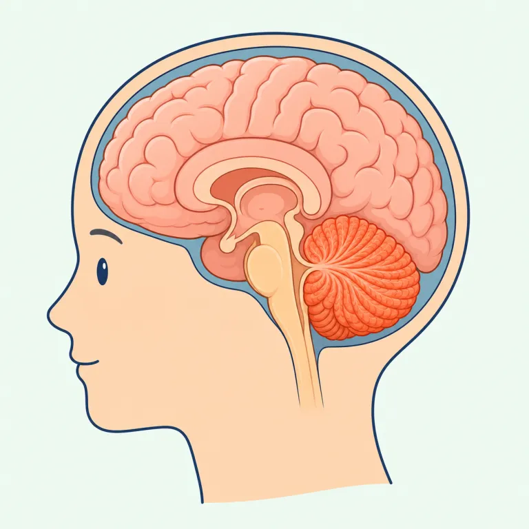 cerebellum（小脳・名詞）の覚え方イラスト — cere- は cerebral や cerebrum と同じ「脳」系の形なので、まず“脳の部位”だと当てる