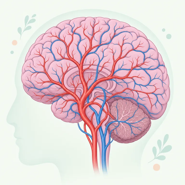 cerebrovascular（脳血管・形容詞）の覚え方イラスト — `vascular` を `cardiovascular`（心臓・血管の）で見たことがあれば、その前に `cerebro-` が付いて「脳の血管系」と整理すると覚えや…