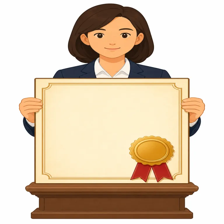 certificated（認定された・形容詞）の覚え方イラスト — certificated は certificate「証明書」から来た硬い形容詞です