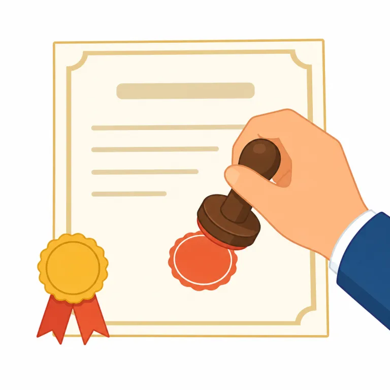 certify（証明する・動詞）の覚え方イラスト — この「証明する」の certify は、資格を与えるという意味ではなく、事実・状態・文書の真正さを権限ある人が公式に示す用法として覚える