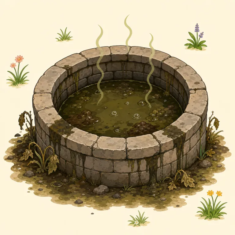 cesspool（汚水だめ、腐敗した場所・名詞）の覚え方イラスト — pool が「水たまり・ため池」なので、まず「何かがたまる場所」という芯を押さえると覚えやすい