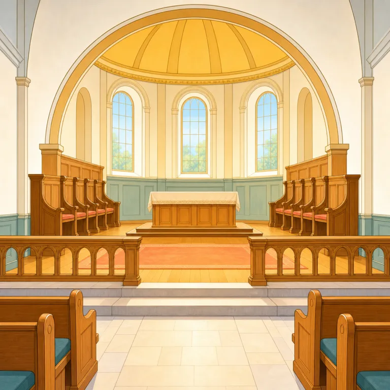 chancel（内陣・名詞）の覚え方イラスト — church の中でも altar（祭壇）にいちばん近い、聖職者側の区画を指す語として覚えると定着しやすいです