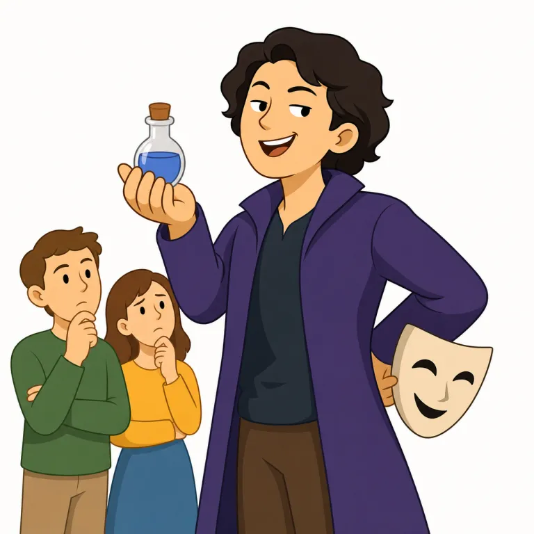 charlatan（ペテン師・名詞）の覚え方イラスト — まず「専門家らしく見せかけ、もっともらしく語って信用を取る人」という場面で覚えると定着しやすい語です