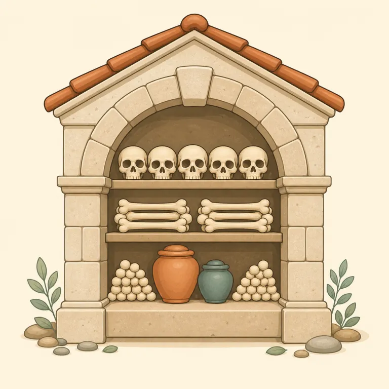 charnel（納骨堂・名詞）の覚え方イラスト — まず charnel house という塊で覚えると定着しやすい
