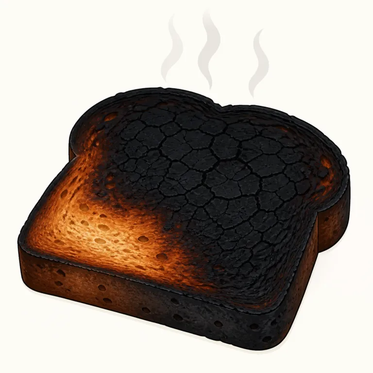 charred（焦げた・形容詞）の覚え方イラスト — charred は、まず動詞 char「黒く焦がす」を知ると覚えやすく、そこに -ed が付いて「焦がされた状態」と取れる