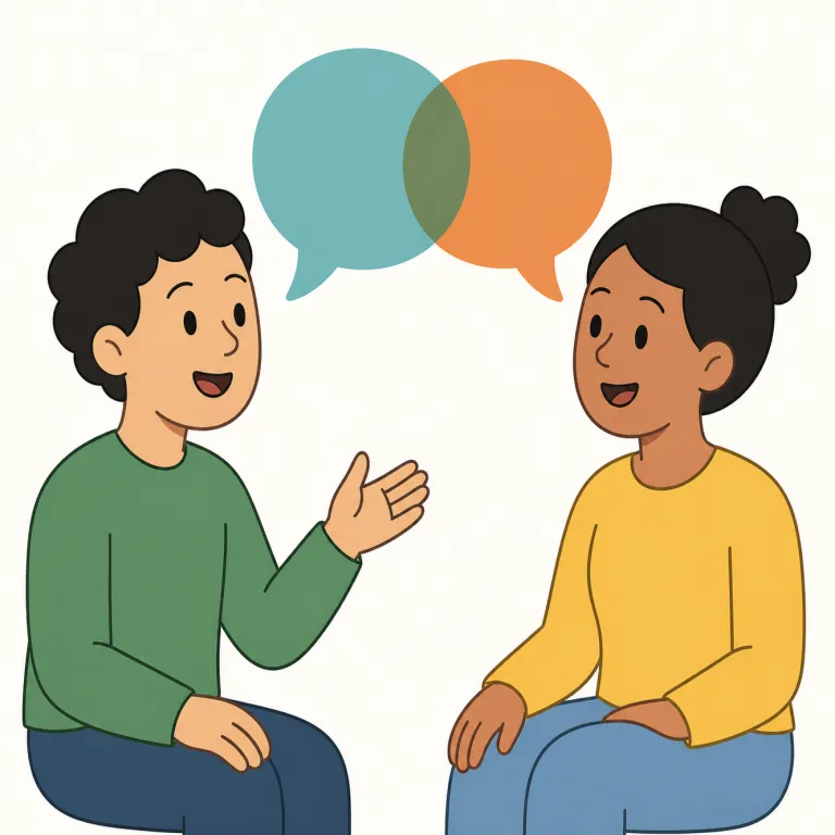 chat（おしゃべりする・動詞）の覚え方イラスト — chat with 人、chat about 話題 の形で、「誰と」「何について」軽く話すかを添えて使います