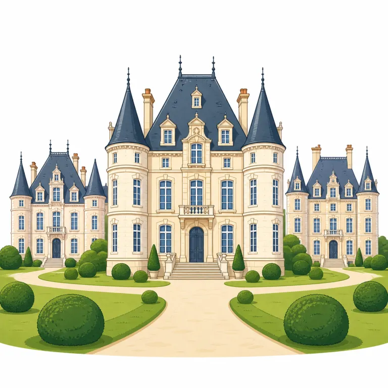 chateaux（シャトー（フランスの城や大邸宅）・名詞）の覚え方イラスト — 覚える軸は「chateau = フランスの城館、chateaux = その複数」