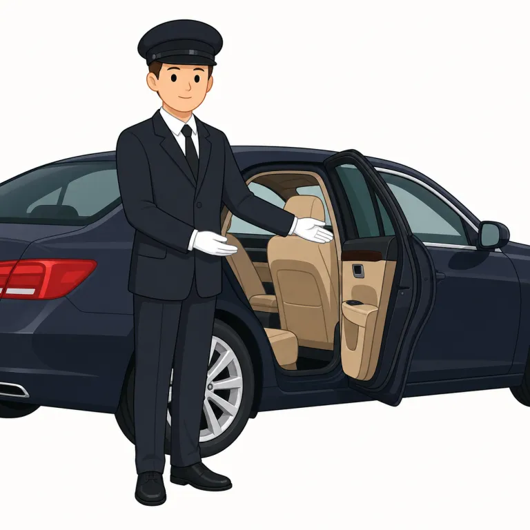 chauffeur（運転手・名詞）の覚え方イラスト — driver より限定的で、「雇われて人を送迎する専属の運転手」と意味を絞って覚えると残りやすい語です