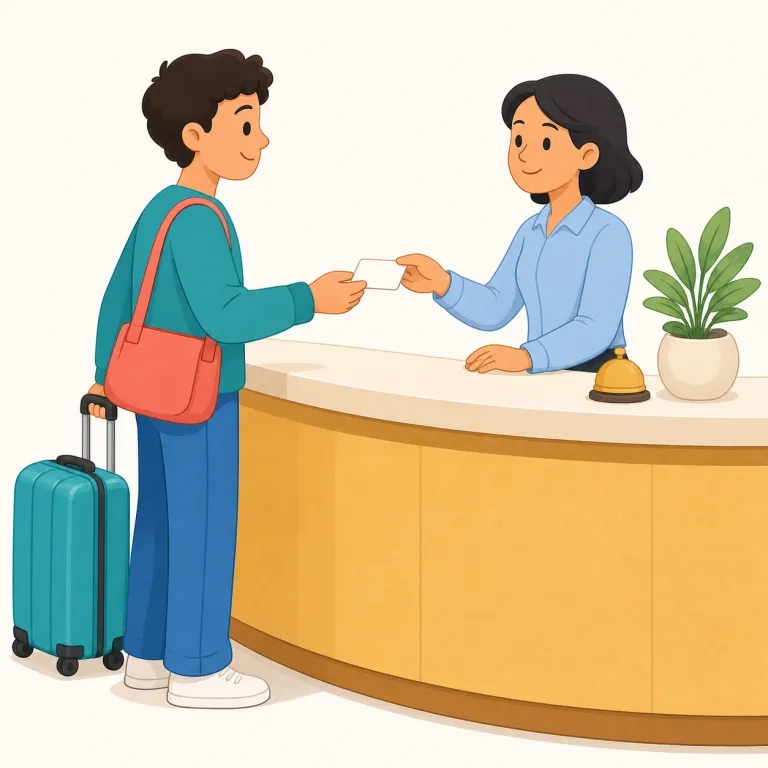 check-in（受付・名詞）の覚え方イラスト — check in はホテルや空港で「到着を届け出て手続きをする」という句動詞で、名詞ではハイフン付きの check-in が「受付・搭乗手続き」を表します