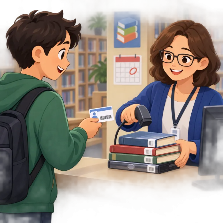 check out（借りる・phrasal_verb）の覚え方イラスト