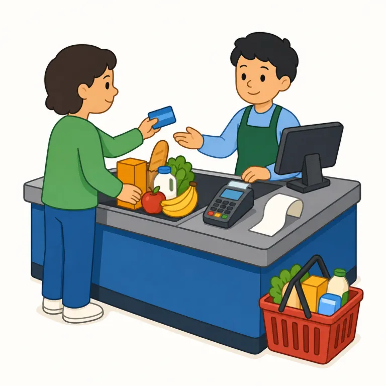 checkout（会計手続き・名詞）の覚え方イラスト — この checkout は「レジ」という場所そのものではなく、支払いに進み、内容を確認し、購入や利用を完了させる一連の手続きとして覚えます