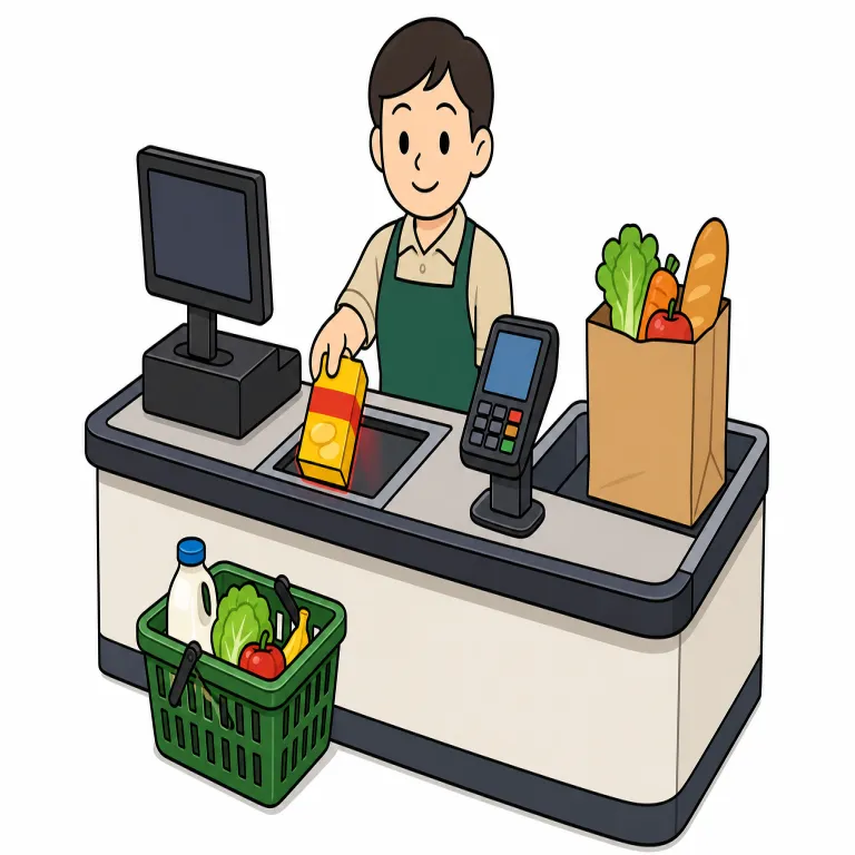 checkout（レジ・noun）の覚え方イラスト