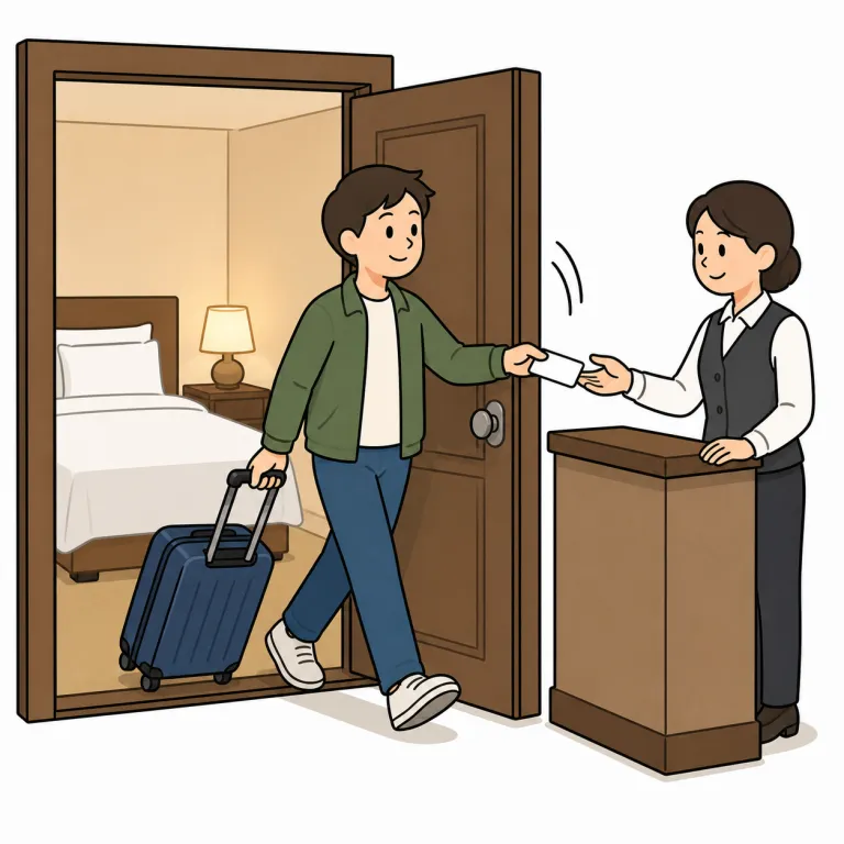 checkout（退室手続き・noun）の覚え方イラスト
