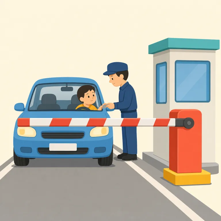 checkpoint（検問所・名詞）の覚え方イラスト — check（確認する）＋point（地点）で、通過者の身元や荷物を確認する「検問地点」と押さえる