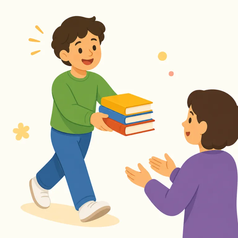 cheerfully（元気よく・副詞）の覚え方イラスト — この「元気よく」は、cheerfully の基本義「陽気に」とは別に、声や動作がはきはきして勢いよく見える用法として覚えます