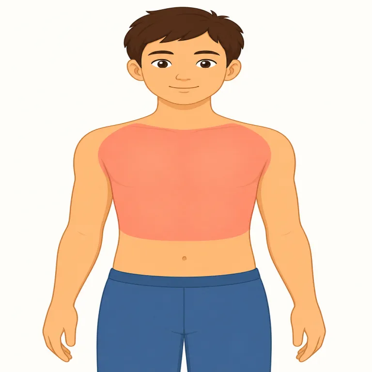 chest（胸、胸部・名詞）の覚え方イラスト — chest の「胸、胸部」は、首の下から腹の上までの身体前面を指す中立的な名詞として覚えるとよいです
