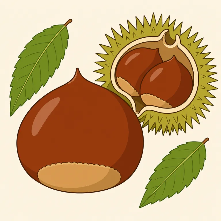chestnut（栗・名詞）の覚え方イラスト — nut が入るので、まず walnut・peanut・hazelnut などの「ナッツ仲間」に置くと覚えやすいです