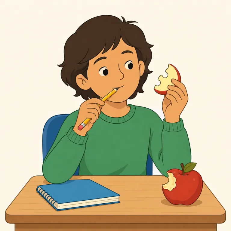chew on（かじる、じっくり考える・句動詞）の覚え方イラスト — chew はまず中学英語の「噛む」