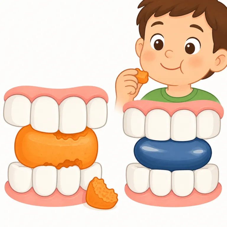 chewable（噛める、咀嚼できる・形容詞）の覚え方イラスト — chew + -able で、「噛むことができる」と分解して覚えると定着しやすいです