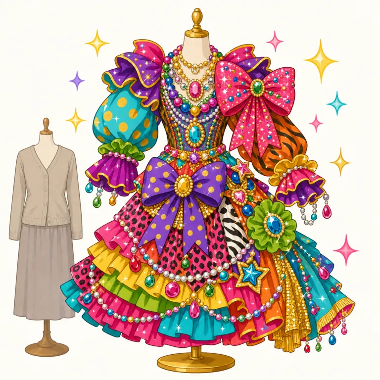 chichi（気取った・過度に上品・形容詞）の覚え方イラスト — まず elegant / stylish を基準に置き、そこから一段やりすぎて「上品そうに見せようと飾り込みすぎた」状態が chichi と覚えるとよいです
