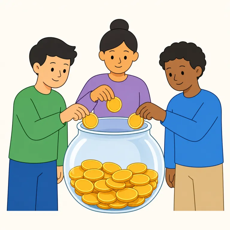 chip in（出し合う・句動詞）の覚え方イラスト — chip は「小さなかけら・チップ」を表します