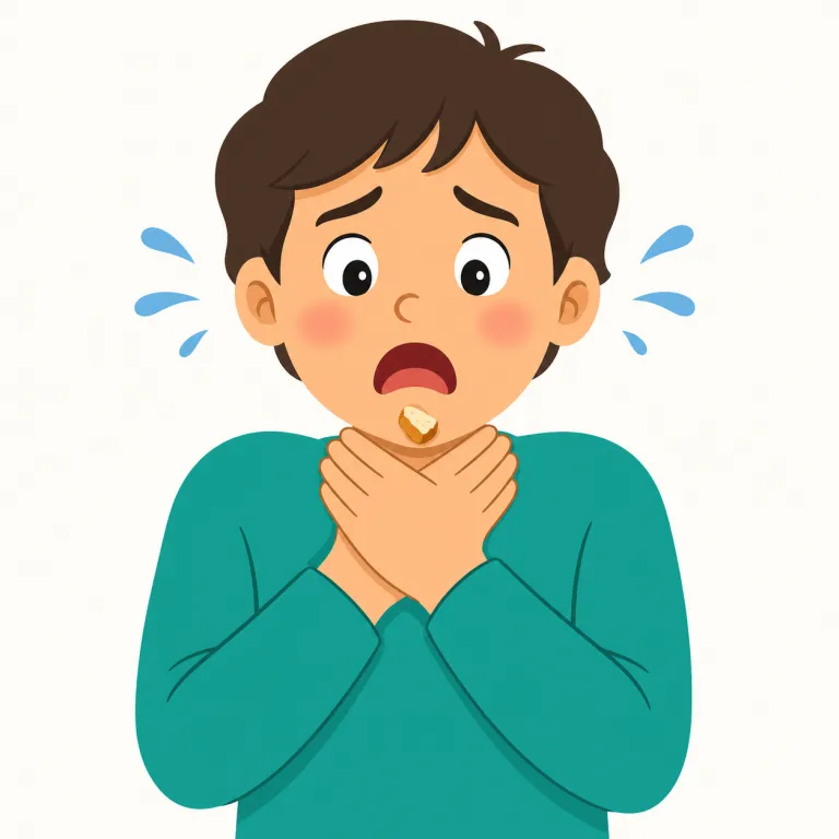 choke（窒息する・動詞）の覚え方イラスト — この意味のchokeは、人や動物が息をしにくくなり、むせる・窒息しかける場面で使います