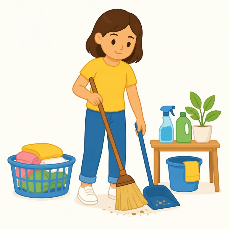 chore（雑用・名詞）の覚え方イラスト — chore は、家庭内で定期的に割り当てられる皿洗い、掃除、洗濯、ゴミ出しなどの「雑用」を指す語として覚えます