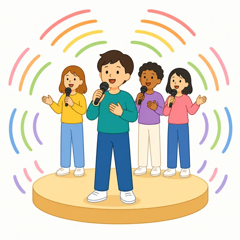 chorus（合唱、合唱団・名詞）の覚え方イラスト — chorus は choir と近いですが、まず「みんなで声をそろえて歌う場面」を軸に覚えると定着します