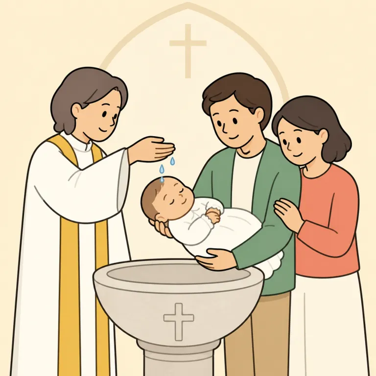 christening（洗礼式・noun）の覚え方イラスト