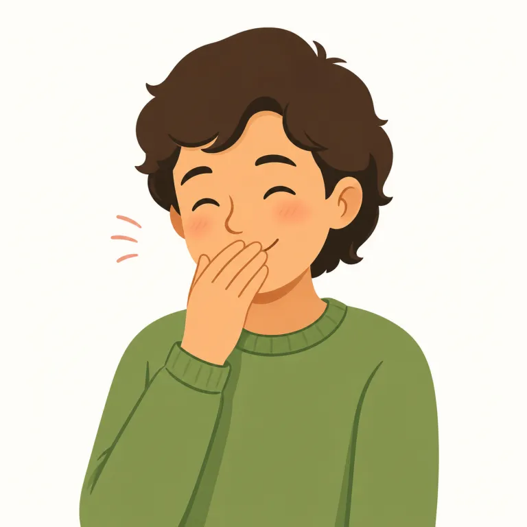 chuckle（くすっと笑う、くすくす笑う・動詞）の覚え方イラスト — chuckle は笑い方の動詞なので、誰がどんな理由で小さく笑ったかを描く時に使います