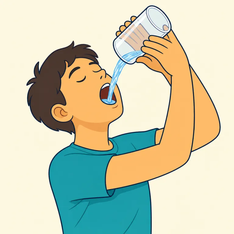 chug（一気飲み・名詞）の覚え方イラスト — chug はコップや瓶を傾け、ゴクゴクと一気に流し込む動作を表すくだけた語
