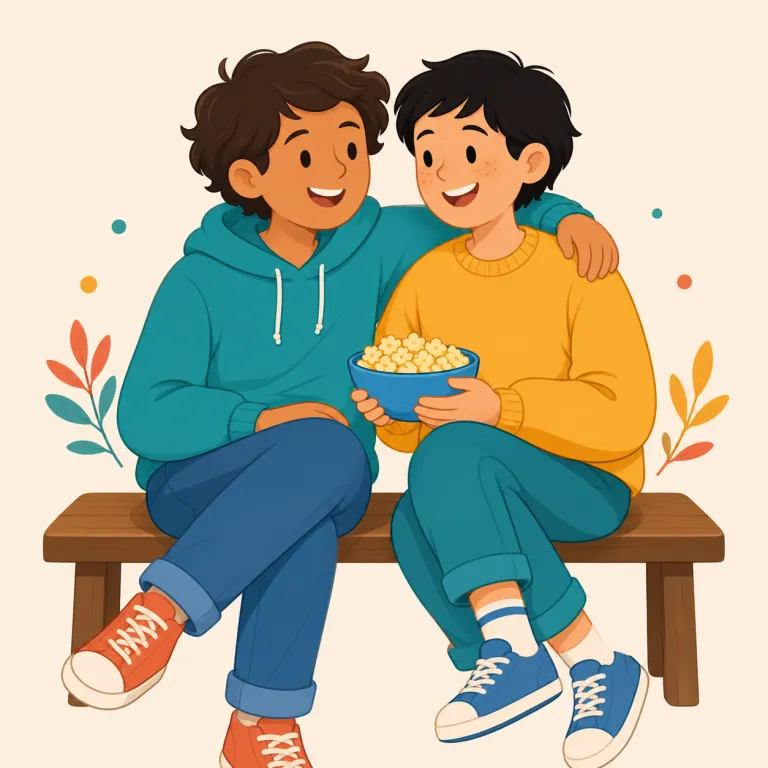 chummy（仲良し・形容詞）の覚え方イラスト — chummy は friend や friendly よりくだけた響きで、「友だちノリでやけに親しい」という感じを持つ形容詞