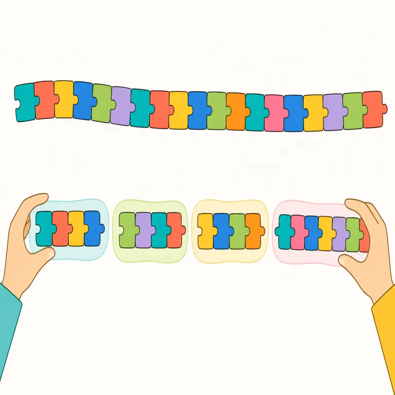 chunking（チャンク化・名詞）の覚え方イラスト — chunk をまず「ごろっとした一塊」として押さえると、chunking は「バラバラの情報を一つずつ覚えるのでなく、意味のまとまりにして処理すること」とつながる