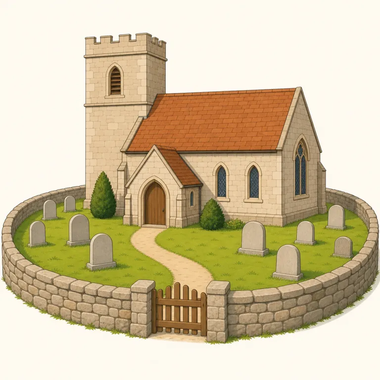 churchyard（教会の庭、教会墓地・名詞）の覚え方イラスト — church と yard をそのまま重ねて「教会のまわりの敷地」と捉えると覚えやすいです