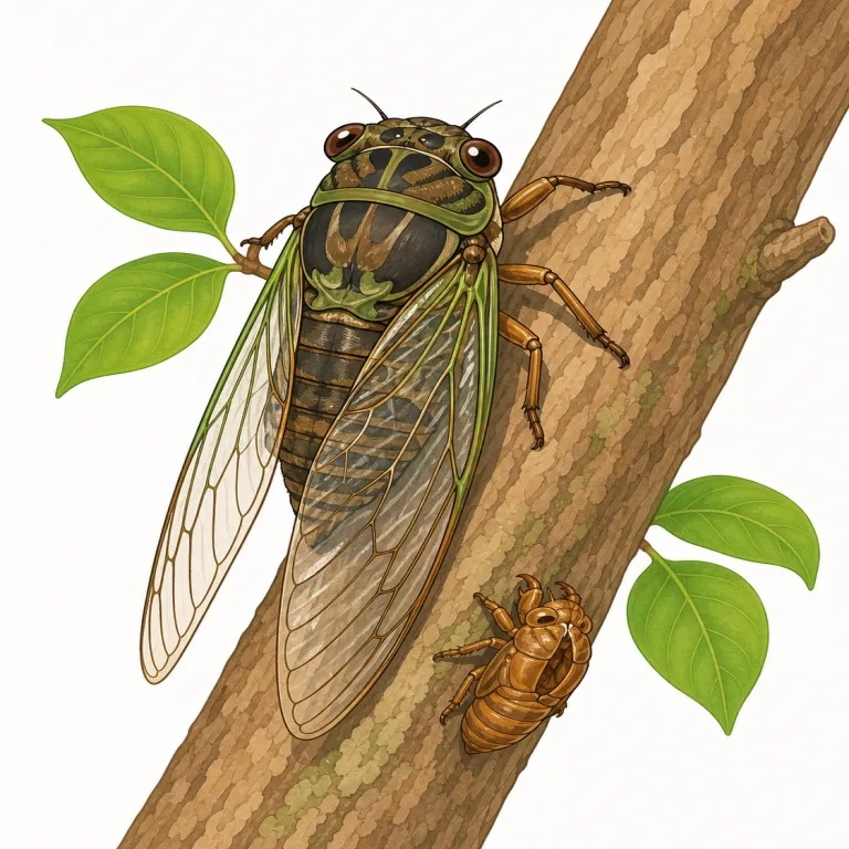 cicada（蝉・名詞）の覚え方イラスト — cicada は単独で覚えるより、「夏・木・大音量」で場面ごと固定すると残りやすい語です