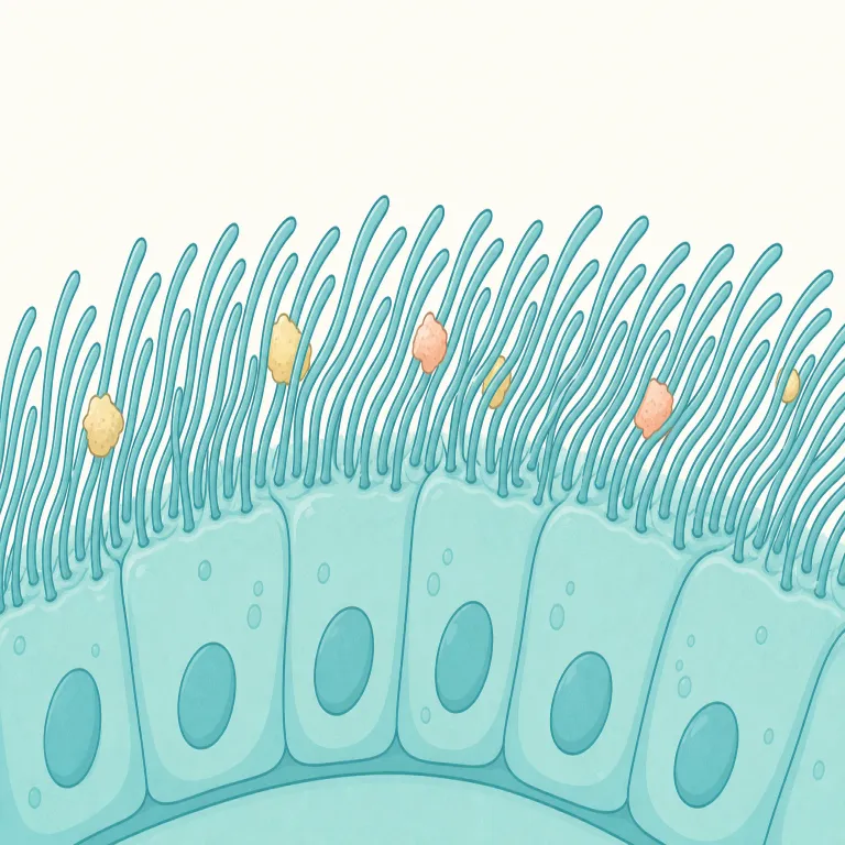 cilia（繊毛・名詞）の覚え方イラスト — まず「細胞の surface に生えた tiny hairs」と英語の絵で覚えると残りやすい語です