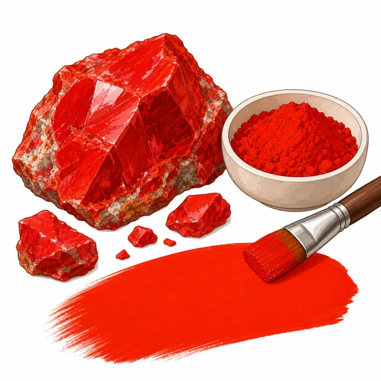 cinnabar（辰砂・名詞）の覚え方イラスト — cinnabar の「辰砂」は、赤い硫化水銀の鉱物を指す専門的な名詞です