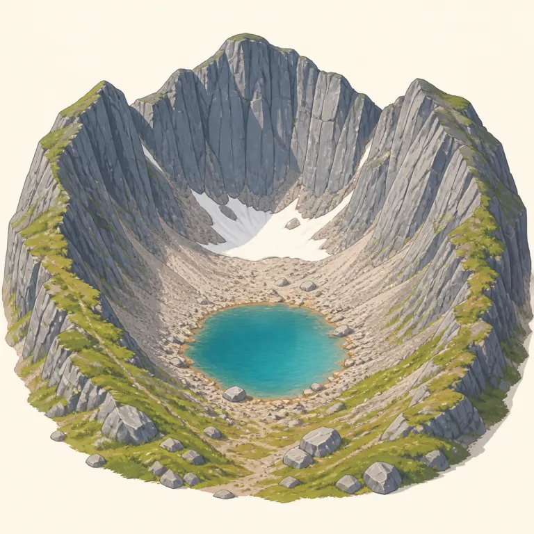 cirque（圏谷（カール）・名詞）の覚え方イラスト — circle や circular を知っていると、cirque も「丸く囲まれた形」を連想すると覚えやすいです