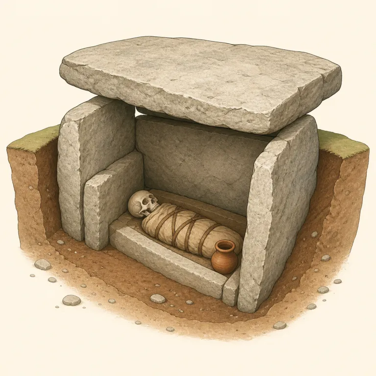 cist（石棺・石室墓・名詞）の覚え方イラスト — cist は、まず「小さな石の chest（箱）」を思い浮かべると定着しやすい語