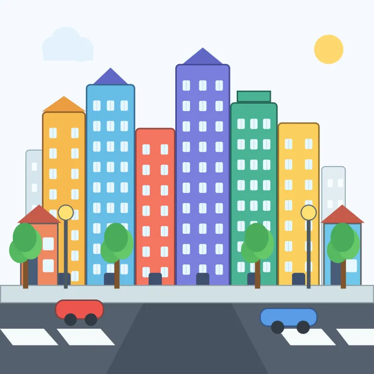 city（都市・名詞）の覚え方イラスト — city は単独で「都市」と丸暗記するより、country と対比して「人・店・交通・仕事が集まる場所」と場面ごと覚えると残りやすい語です