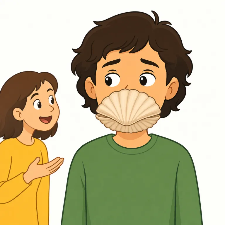clam up（黙り込む・句動詞）の覚え方イラスト — まず up を「動作がすっかり完了する」と捉えると覚えやすい句動詞です