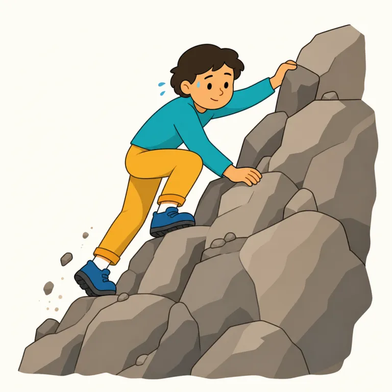 clamber（よじ登る・動詞）の覚え方イラスト — clamber は climb と結びつけつつ、もっと不格好で苦労の多い動作として覚えます