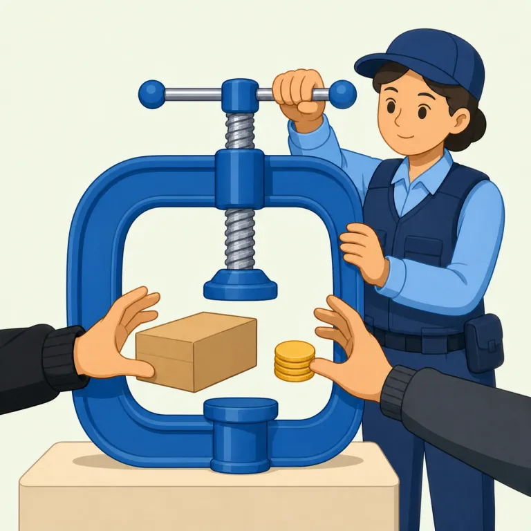 clamp down on（取り締まる・句動詞）の覚え方イラスト — clamp を「器具でがっちり固定する」と知っていると覚えやすい句です
