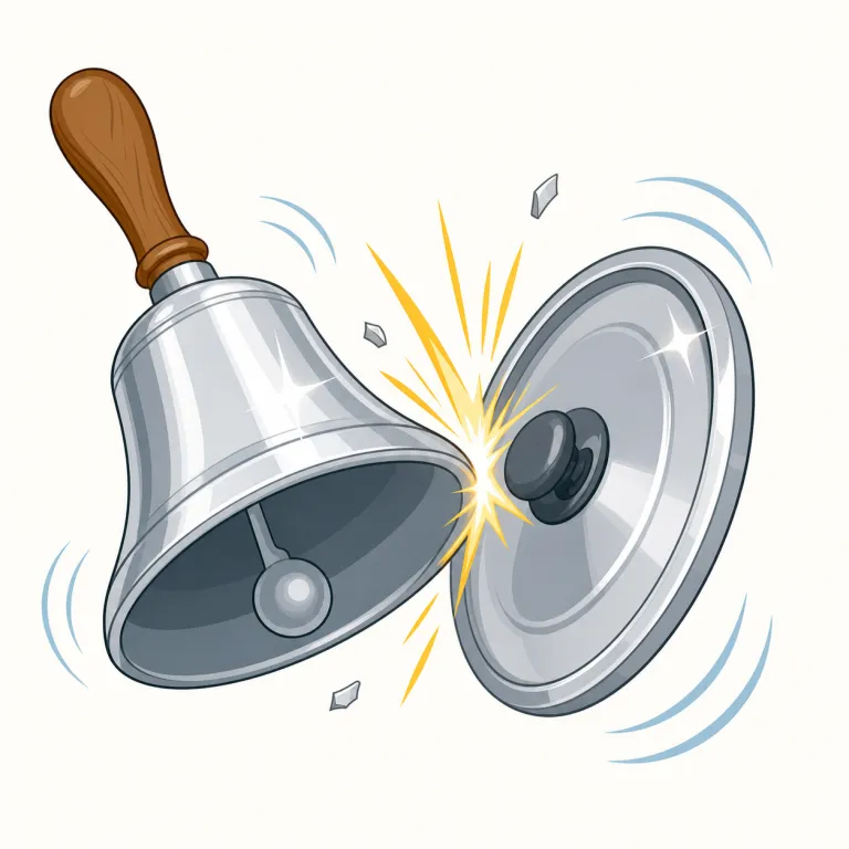 clang（金属音を立てる・動詞）の覚え方イラスト — ring が普通に「鳴る」、bang が一発の衝突音なら、clang は「金属がぶつかって高くガーンと響く音」に限定して覚えると残りやすいです