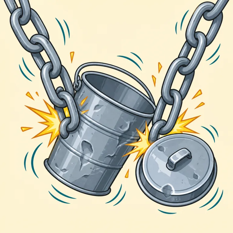 clanking（ガチャガチャと音を立てる・形容詞）の覚え方イラスト — まず中心は clank という「金属がぶつかる重く乾いた音」
