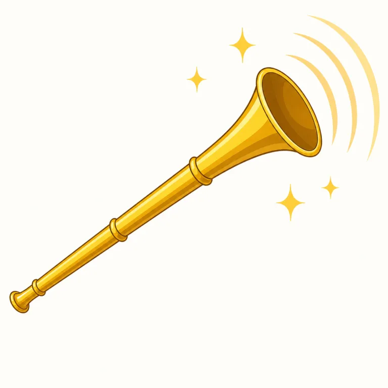 clarion（高音のラッパ、クラリオン・名詞）の覚え方イラスト — clarion はまず、遠くまで高く澄んで響く合図のラッパを思い浮かべると覚えやすいです