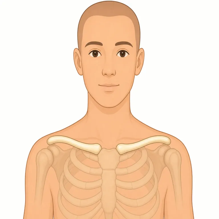 clavicle（鎖骨・名詞）の覚え方イラスト — まず日常語の collarbone（鎖骨）とセットで覚えると定着しやすい