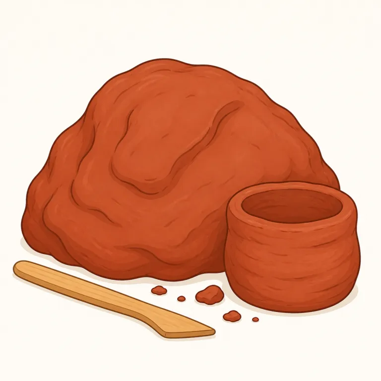 clay（粘土・名詞）の覚え方イラスト — このエントリの clay は、陶土という用途に限定せず、水を含むとこねられ、乾くと硬くなる「粘土」そのものを表す語として覚える