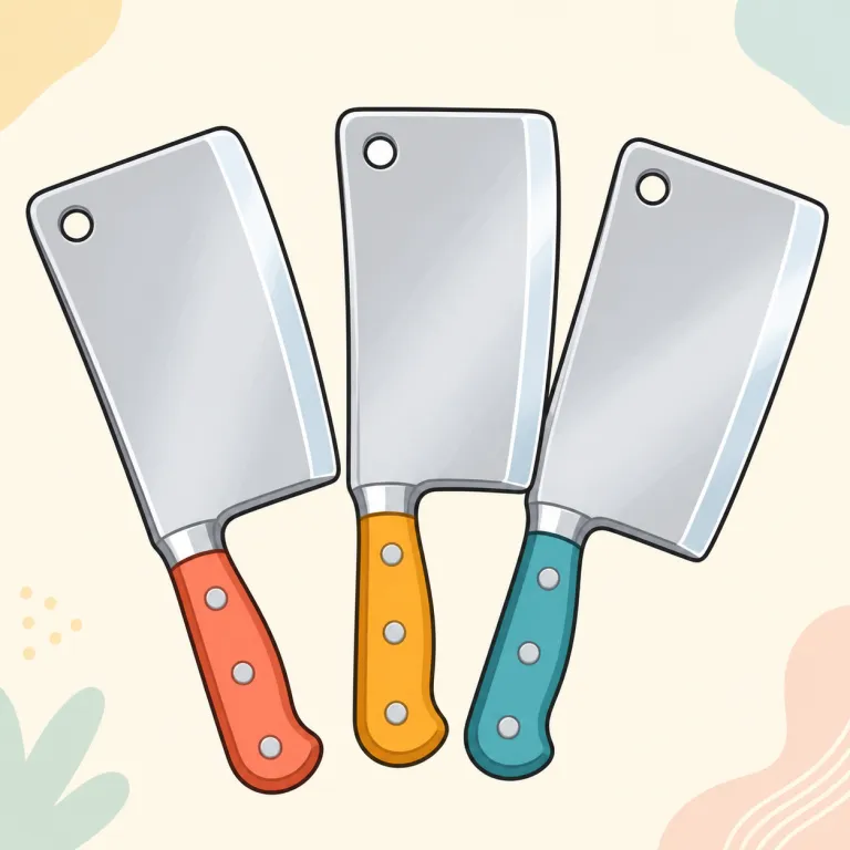 cleavers（肉切り包丁・名詞）の覚え方イラスト — 覚えるときは、ふつうの knife ではなく「肉屋で bone までたたき切る、幅広で重い包丁」という場面で固定すると残ります