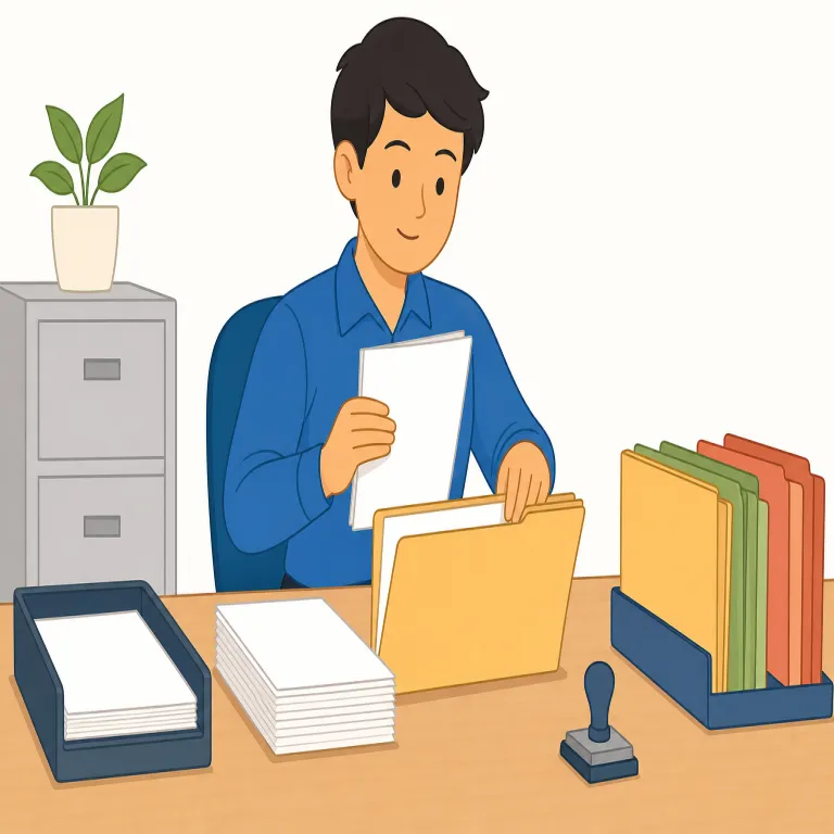 clerical（事務的な・形容詞）の覚え方イラスト — この clerical は「事務的な」という別義です